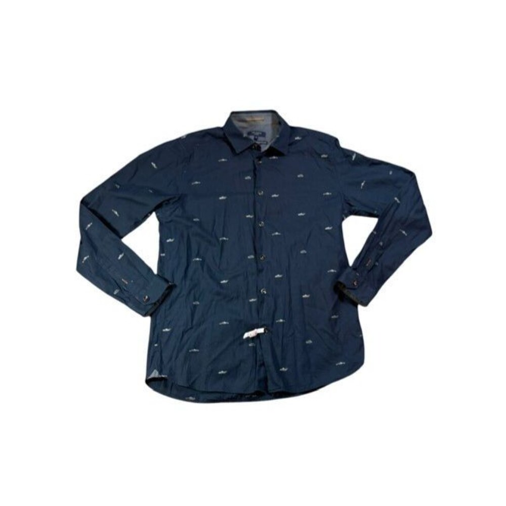 Ted Baker Shirt Mens Size 4 Large Blue Classic Car Embroidered Button Front Dad